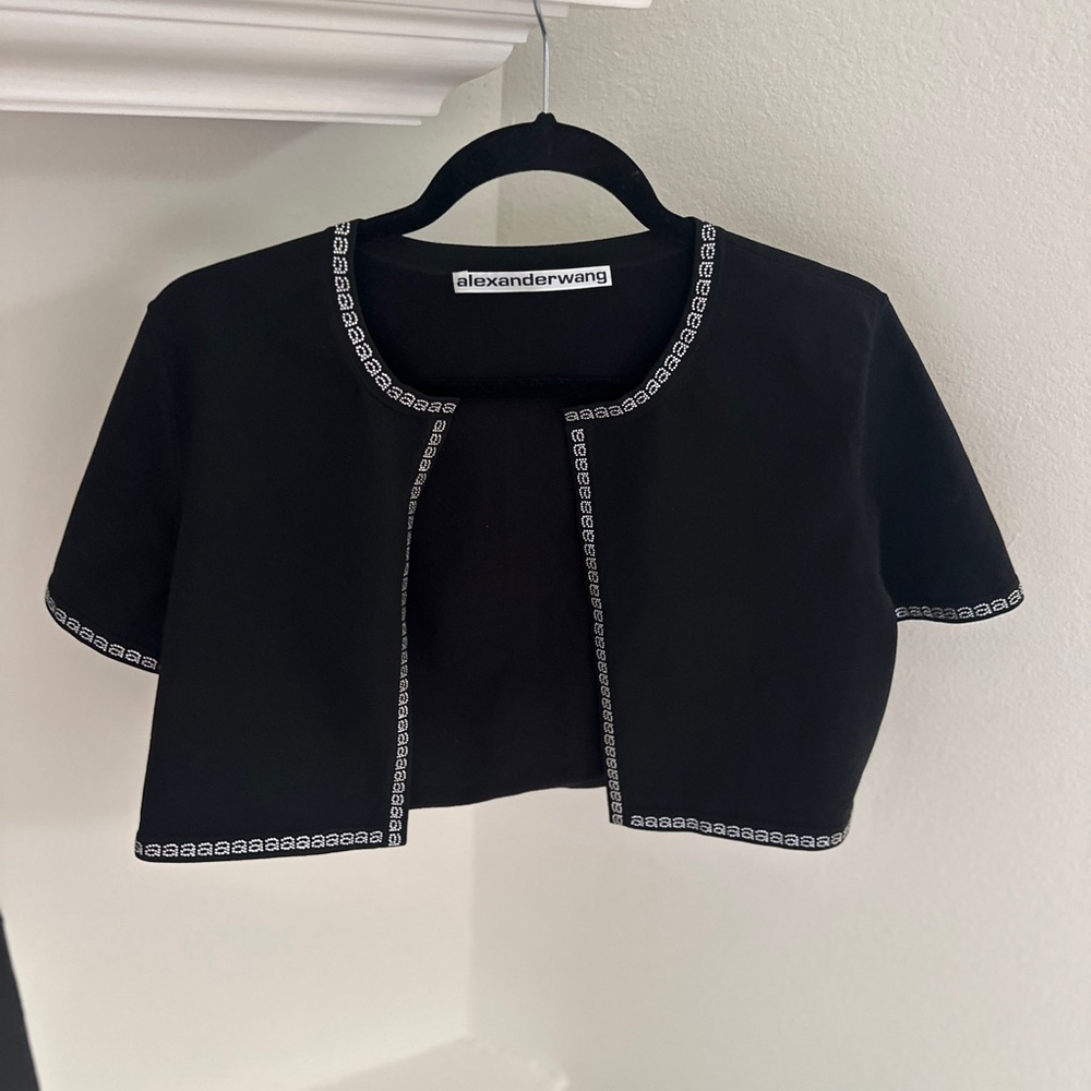 Alexander Wang Stretch Black Cropped Jacket Cardigan with Crystal Logo Trim